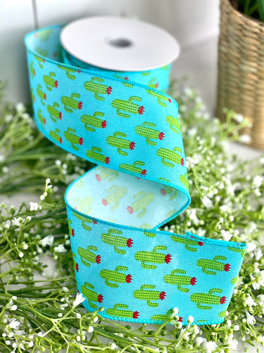 Aqua Linen Background with Cactus Wired Ribbon
