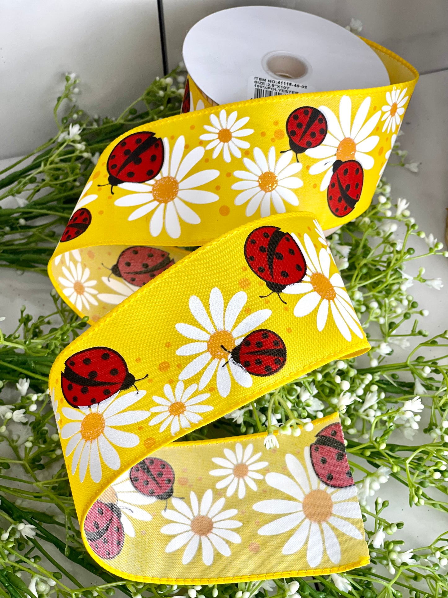 2.5 Inch By 10 Yard Yellow Satin Ladybugs And Daisies