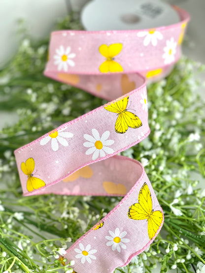1.5 Inch By 10 Yard Pink Linen With White Daisies and Yellow Butterflies Ribbon