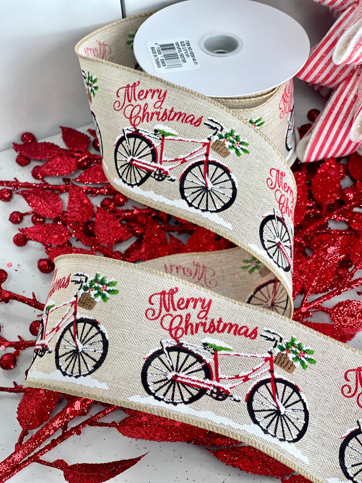 Light Natural Linen Ribbon With Christmas Bicycle 2.5 Inch 10 Yard Roll