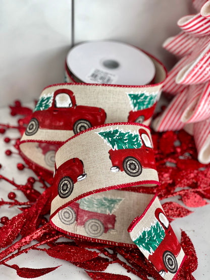 Light Natural Linen Ribbon With Red Christmas Truck 2.5 Inch 10 Yard Roll