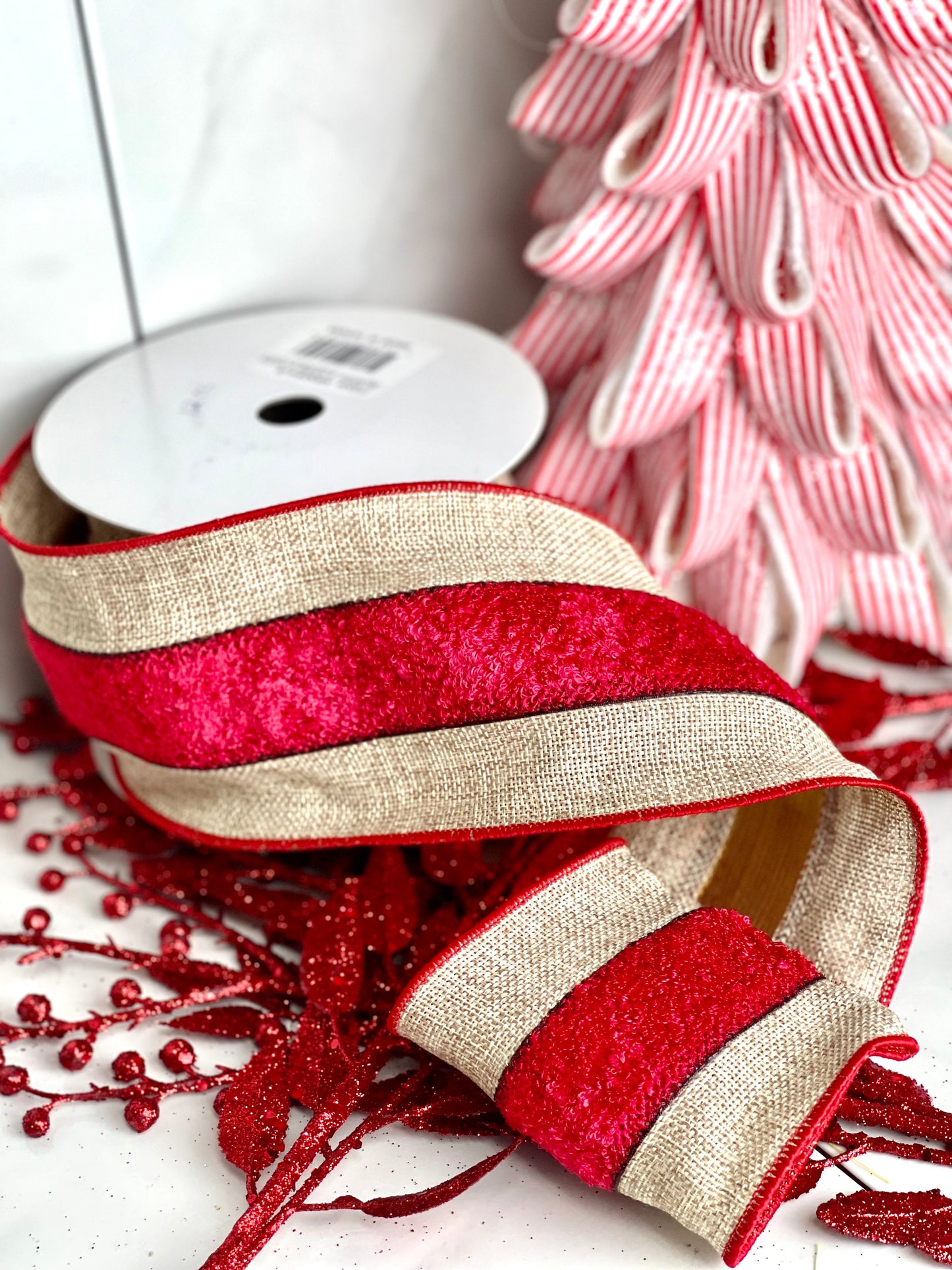 4 Inch Burlap Ribbon With Plush Red Middle