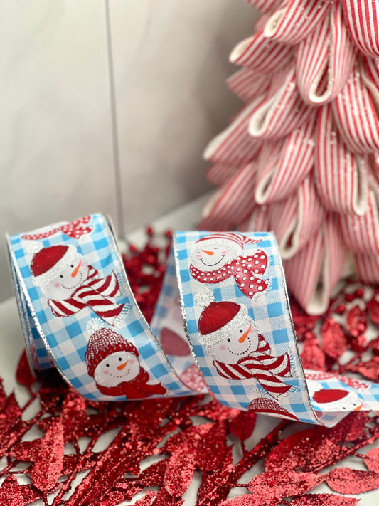 2.5 Inch Ribbon With Blue and White Plaid Background With Cheerful Snowmen