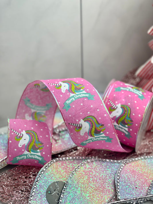 Pink Linen Unicorn Merry Christmas Ribbon