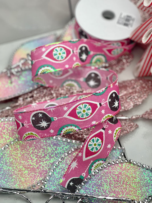 1.5 Inch Ribbon Pink Background With Retro Style Ornaments