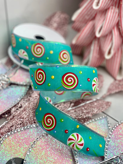 1.5 Inch Teal Wired Ribbon With Candy Accents