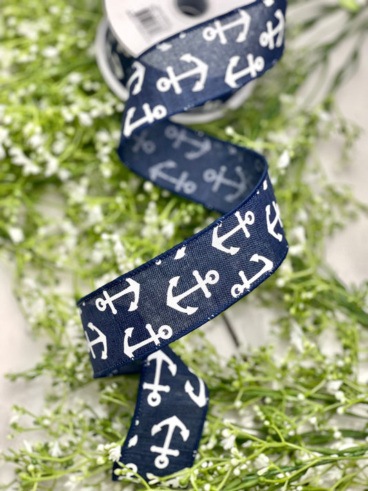 1.5 Inch By 10 Yard Blue With White Anchor Burlap Ribbon