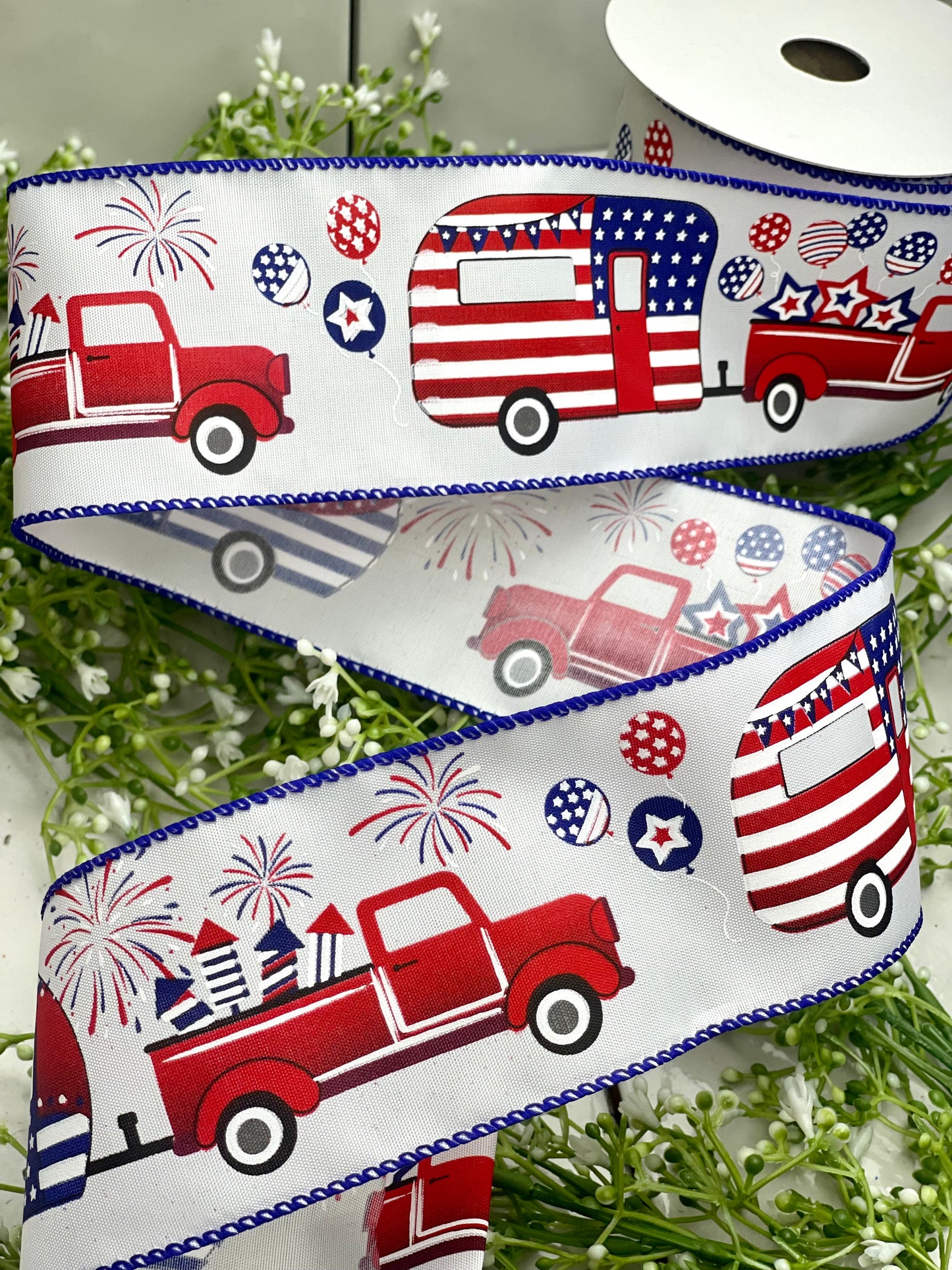 2.5 Inch By 10 Yards White Satin Patriotic Trucks and Campers