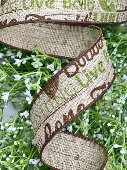1.5 Inch By 10 Yard Brown And Green Fishing Words Ribbon