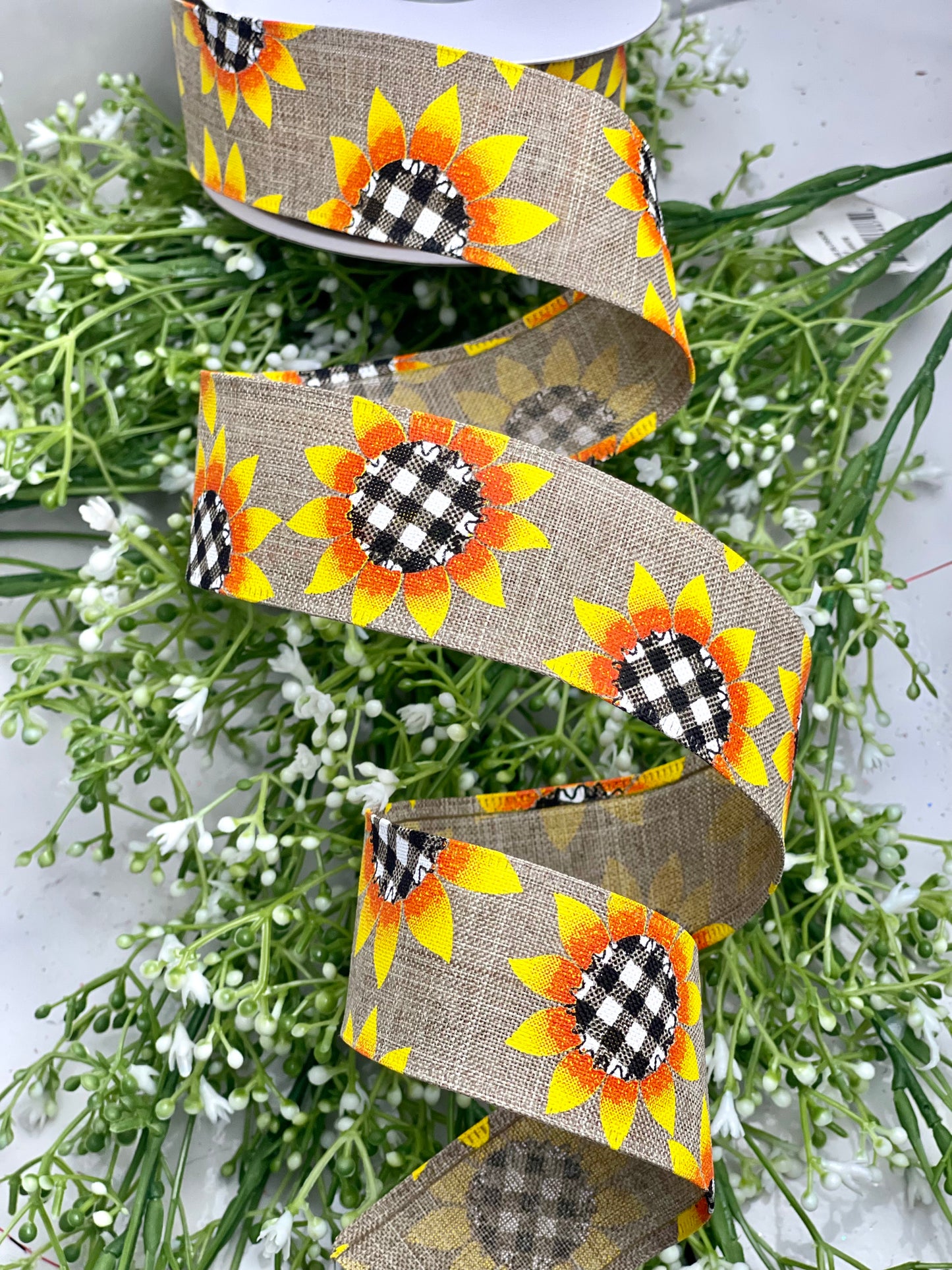 Natural Linen with Buffalo Plaid Sunflowers 1.5 Inch By 10 Yard Ribbon