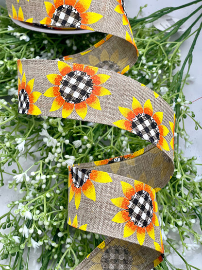 Natural Linen with Buffalo Plaid Sunflowers 1.5 Inch By 10 Yard Ribbon