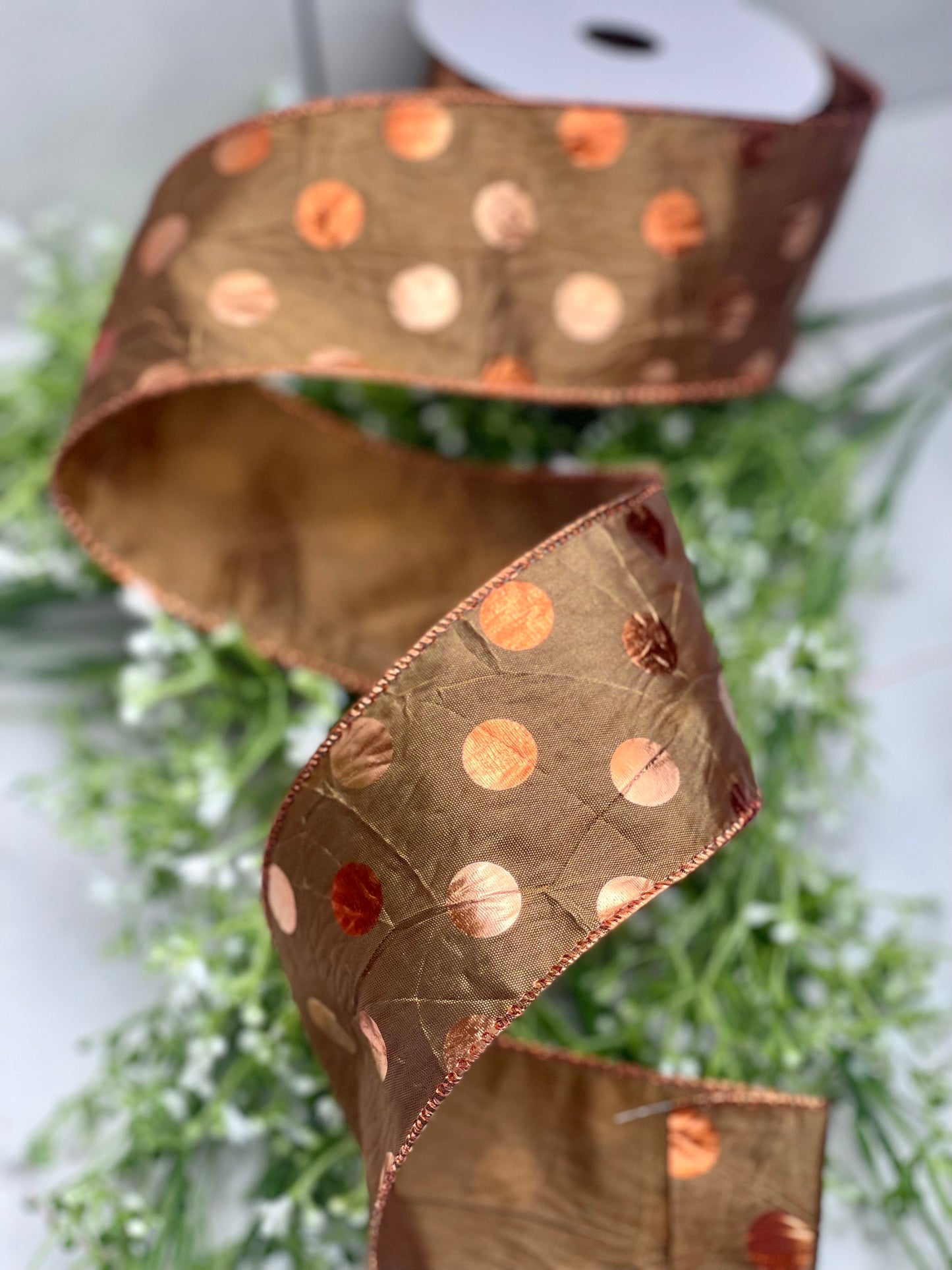 Brown Satin Ribbon With Copper Foil Dots 2.5 Inch 10 Yard Roll