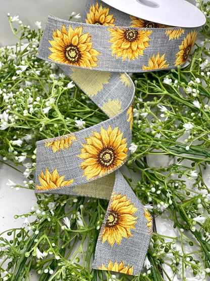 1.5 Inch Gray With Sunflowers Ribbon