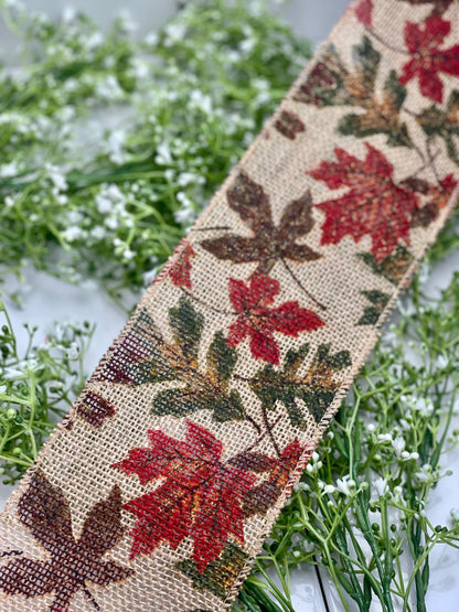 Burlap Leaves On Natural 4 Inch Wired Ribbon