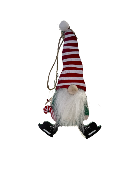 Green Hanging Gnome Ornament With Striped Hat
