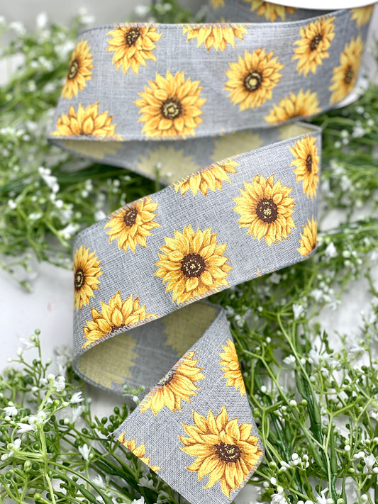 2.5 Inch Gray With Sunflowers Ribbon