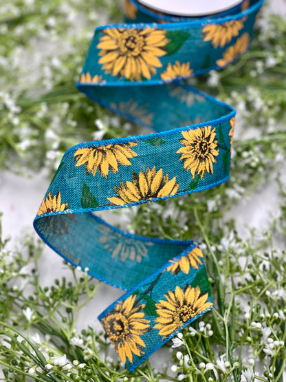 1.5 Inch Turquoise Ribbon With Yellow Sunflowers