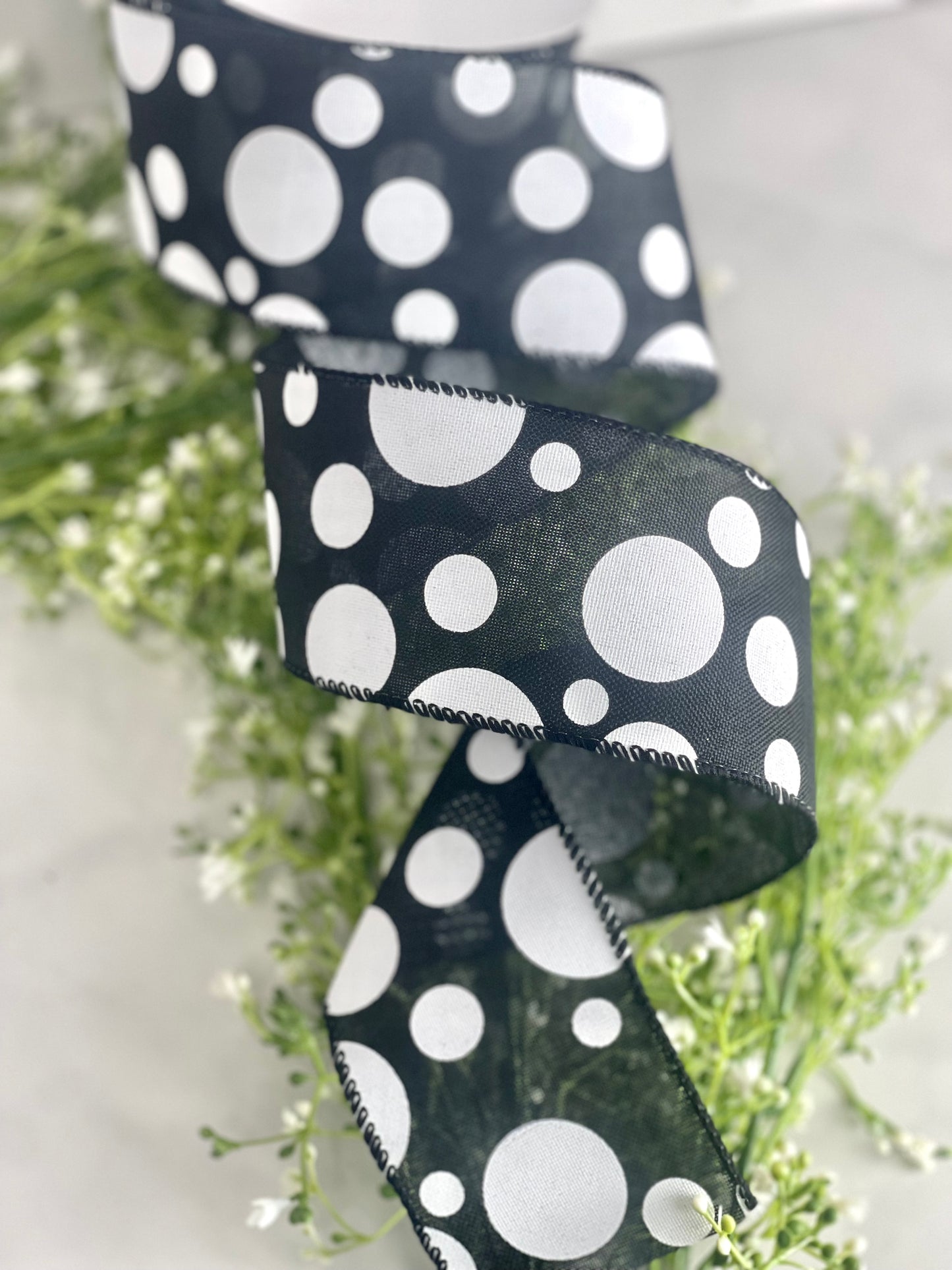 Black And White Linen Ribbon With Big And Small Dots 2.5 Inch 10 Yard Roll