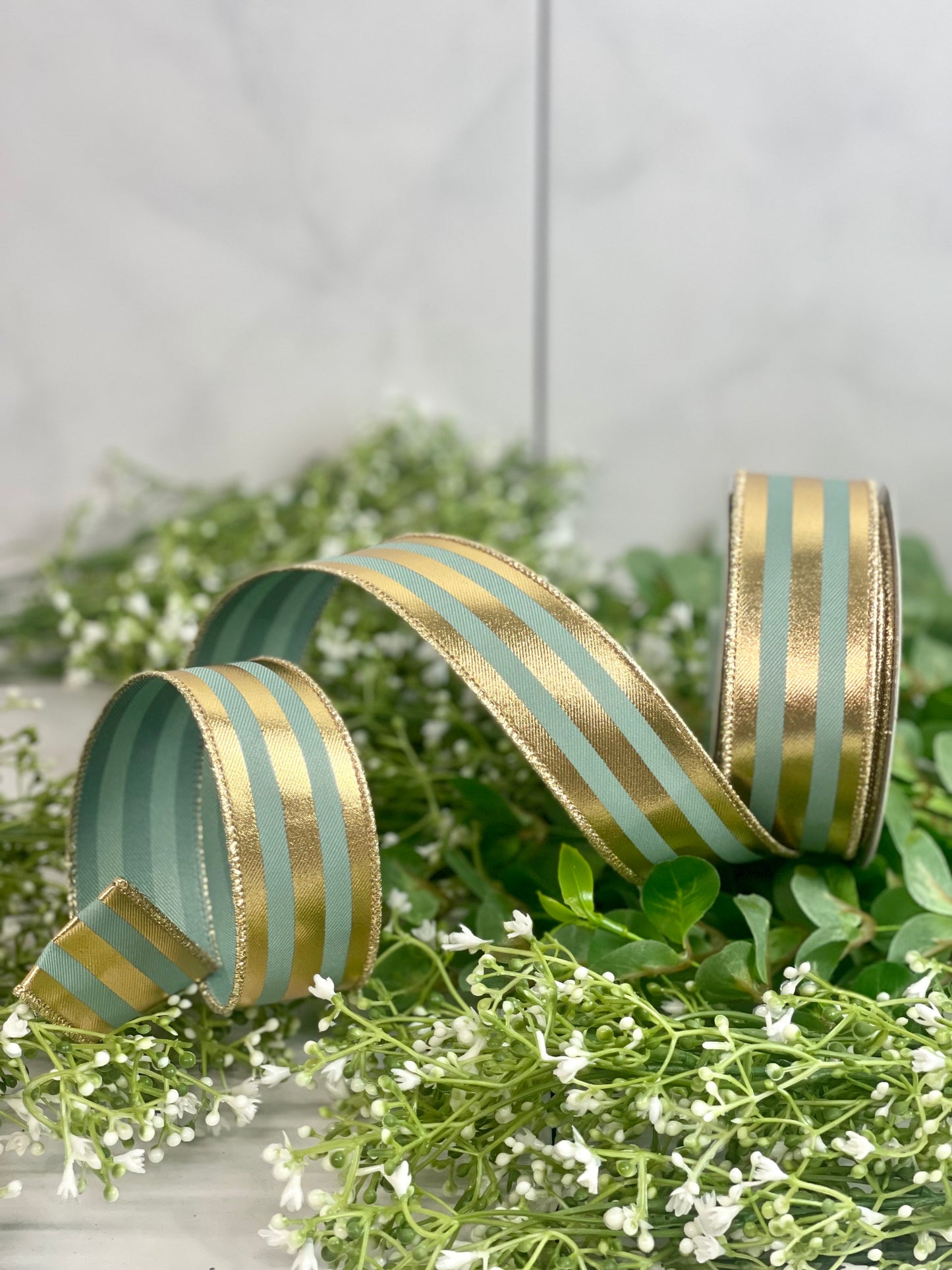 1.5 Inch By 10 Yard Sage Green And Gold Metallic Vertical Stripe Ribbon
