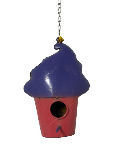 Pink And Purple Ice Cream Cone Metal Hanging Birdhouse