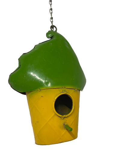 Yellow And Green Ice Cream Cone Metal Hanging Birdhouse