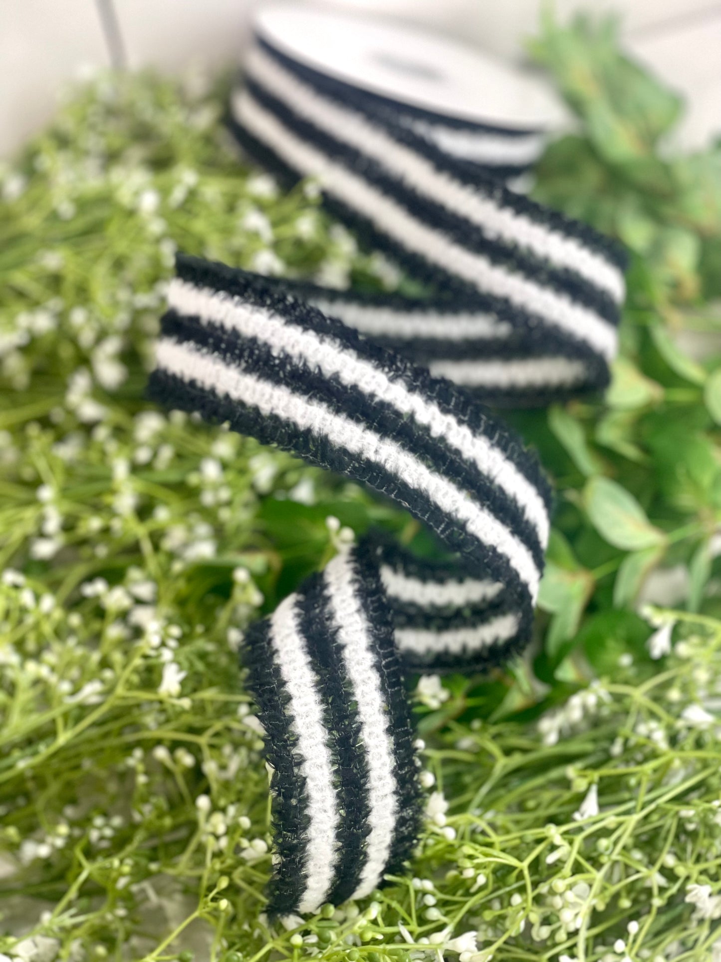 Black White Fuzzy Stripe Ribbon