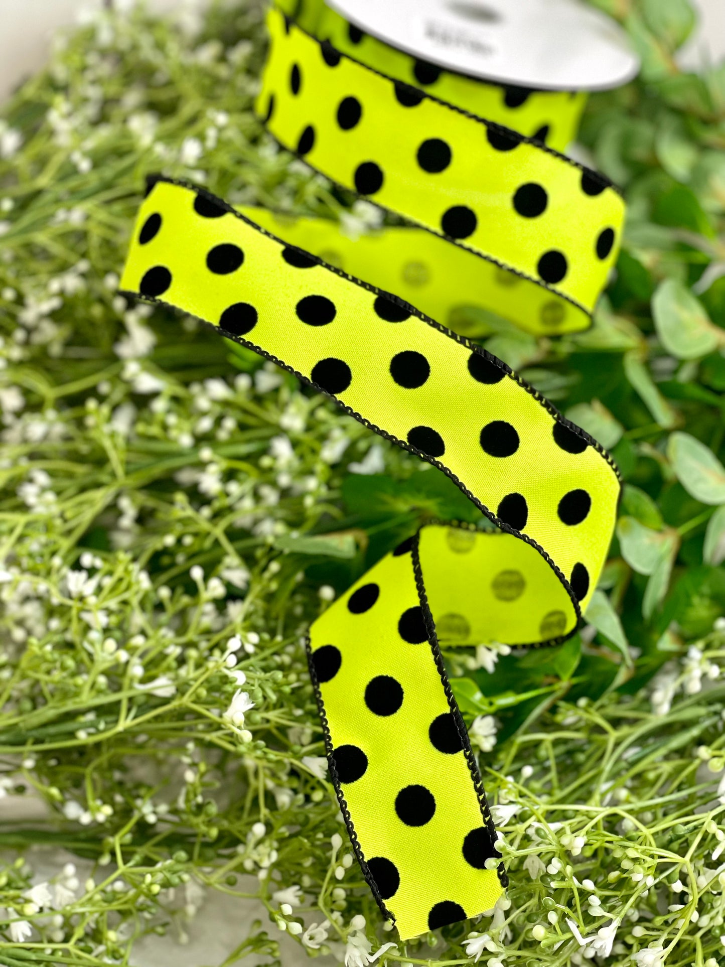 1.5 Inch Lime Green With Black Polka Dots Ribbon