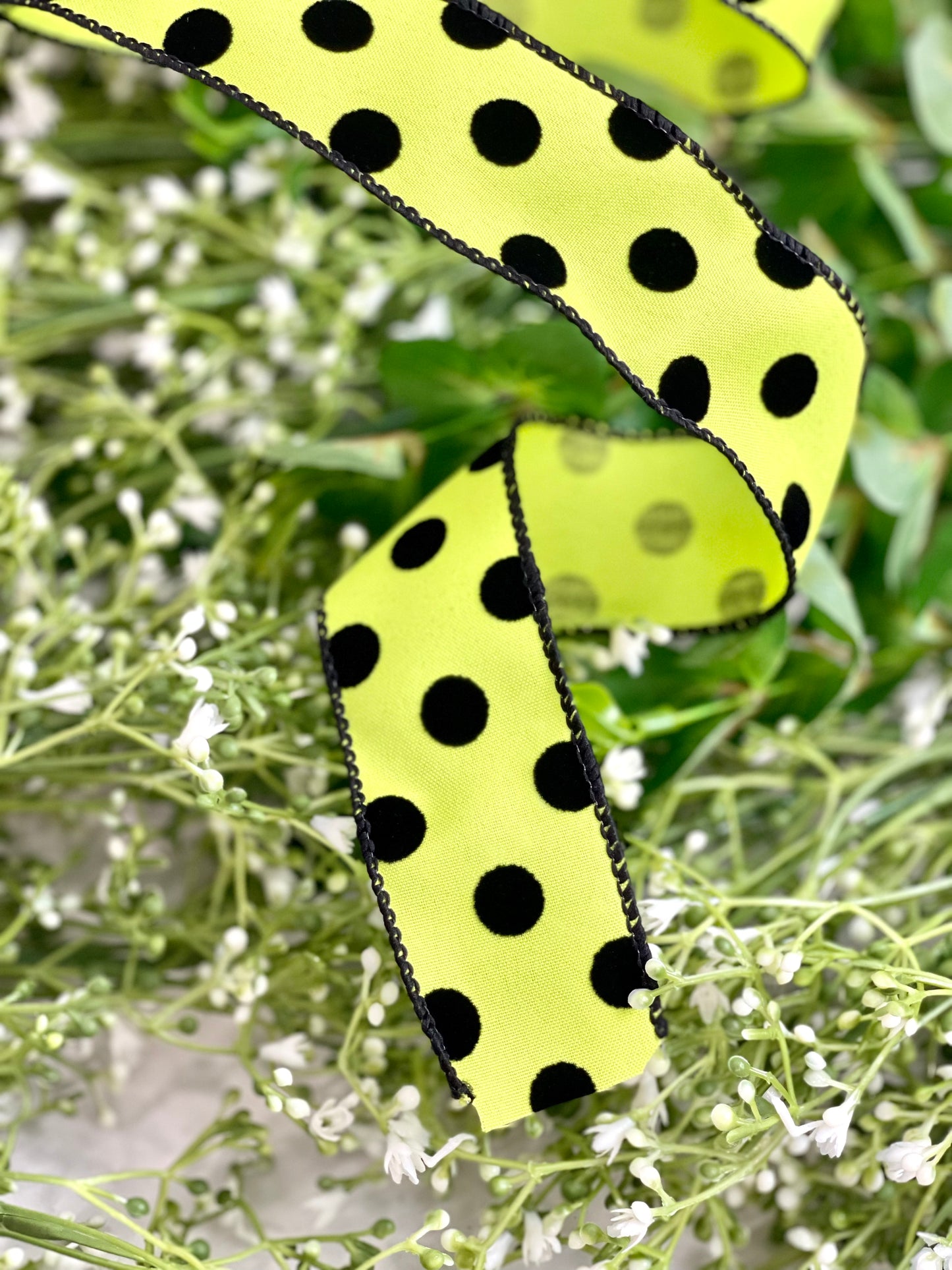 1.5 Inch Lime Green With Black Polka Dots Ribbon