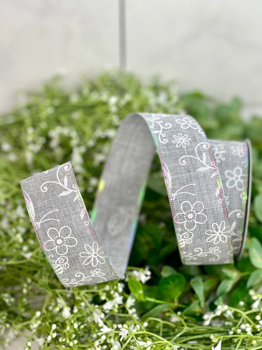 1.5 In By 10 Yard Gray Linen Iridescent Flowers and Bees Ribbon