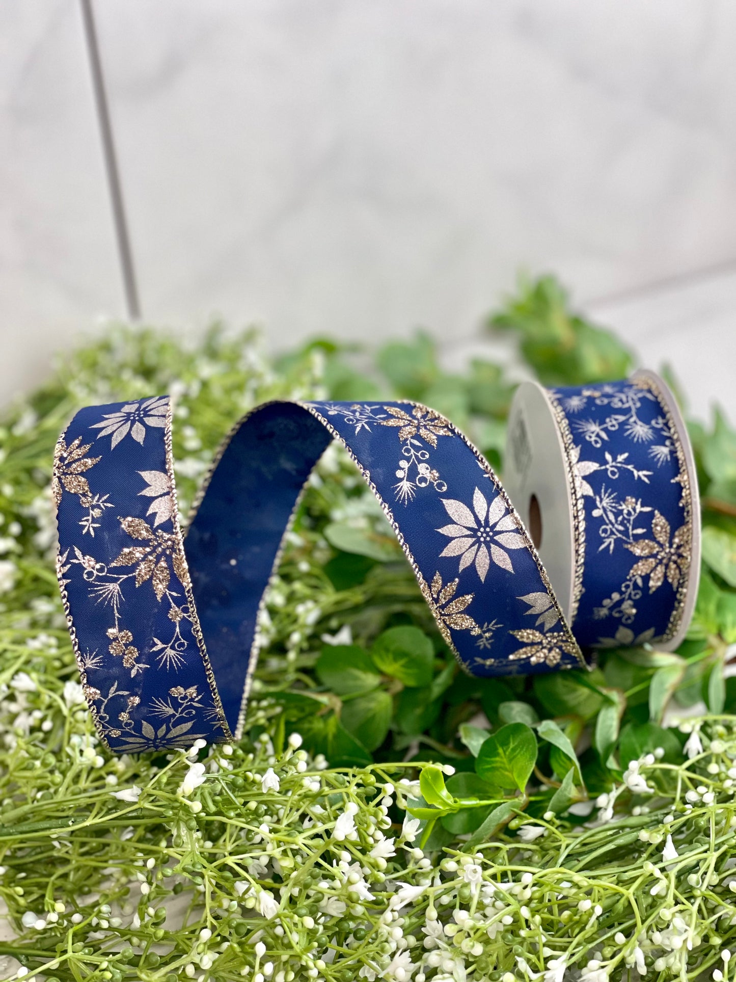 1.5 Inch Navy Ribbon With Gold Accents