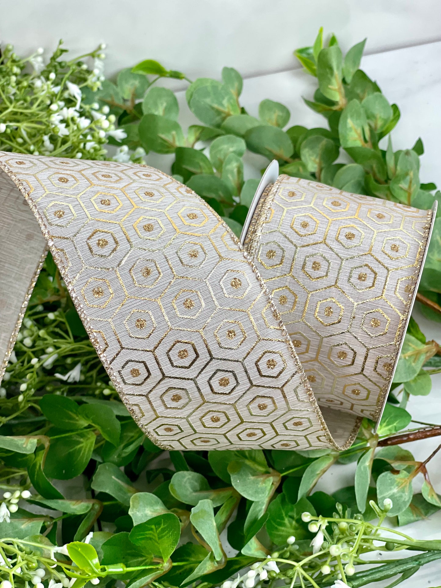 Hexagon Champagne Ribbon With Gold Glitter