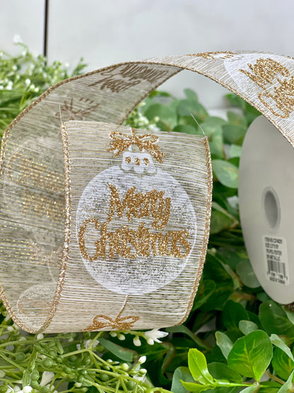 Sheer Gold Wired Ribbon With Merry Christmas On White Ornament