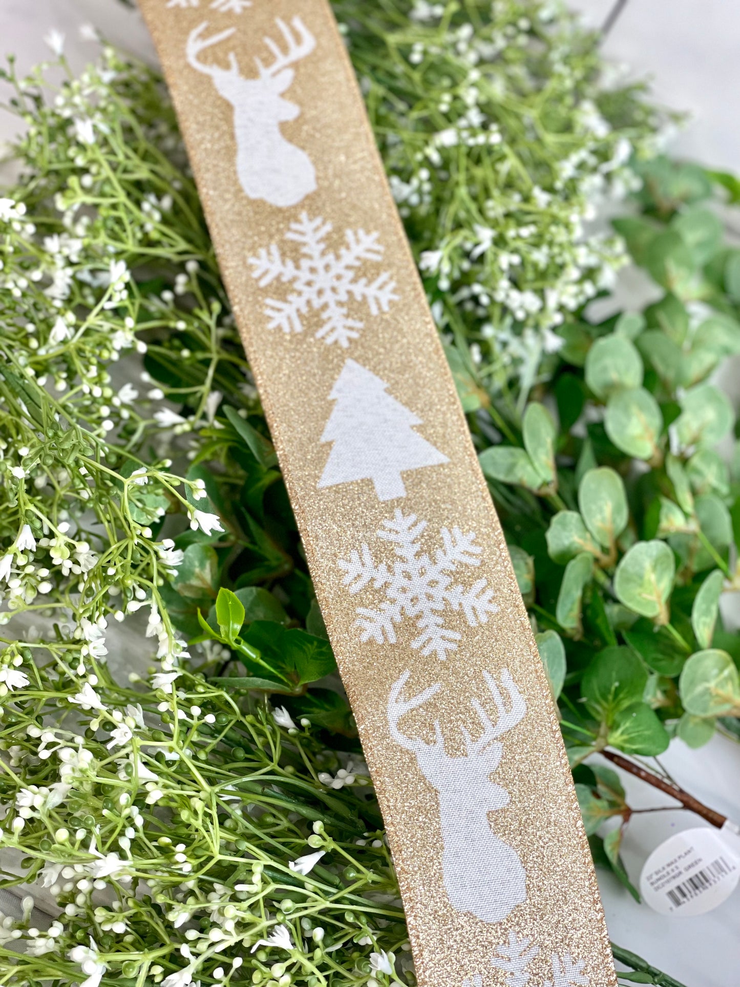 2.5 Inch By 50 Yards Gold Glitter White Tree Snowflake Reindeer Stamps Ribbon