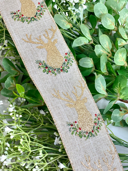 Gold Glittered Reindeer Head On Natural Wired Ribbon