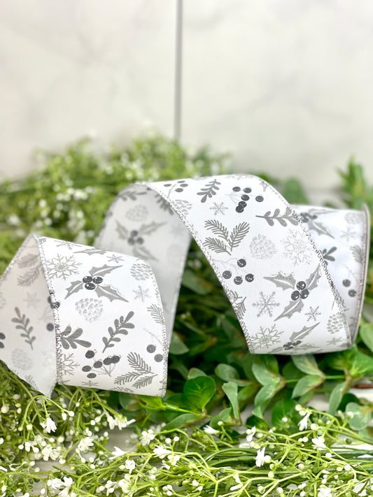 2.5 Inch Ribbon With White Background With Silver Glitter Leaves And Berries