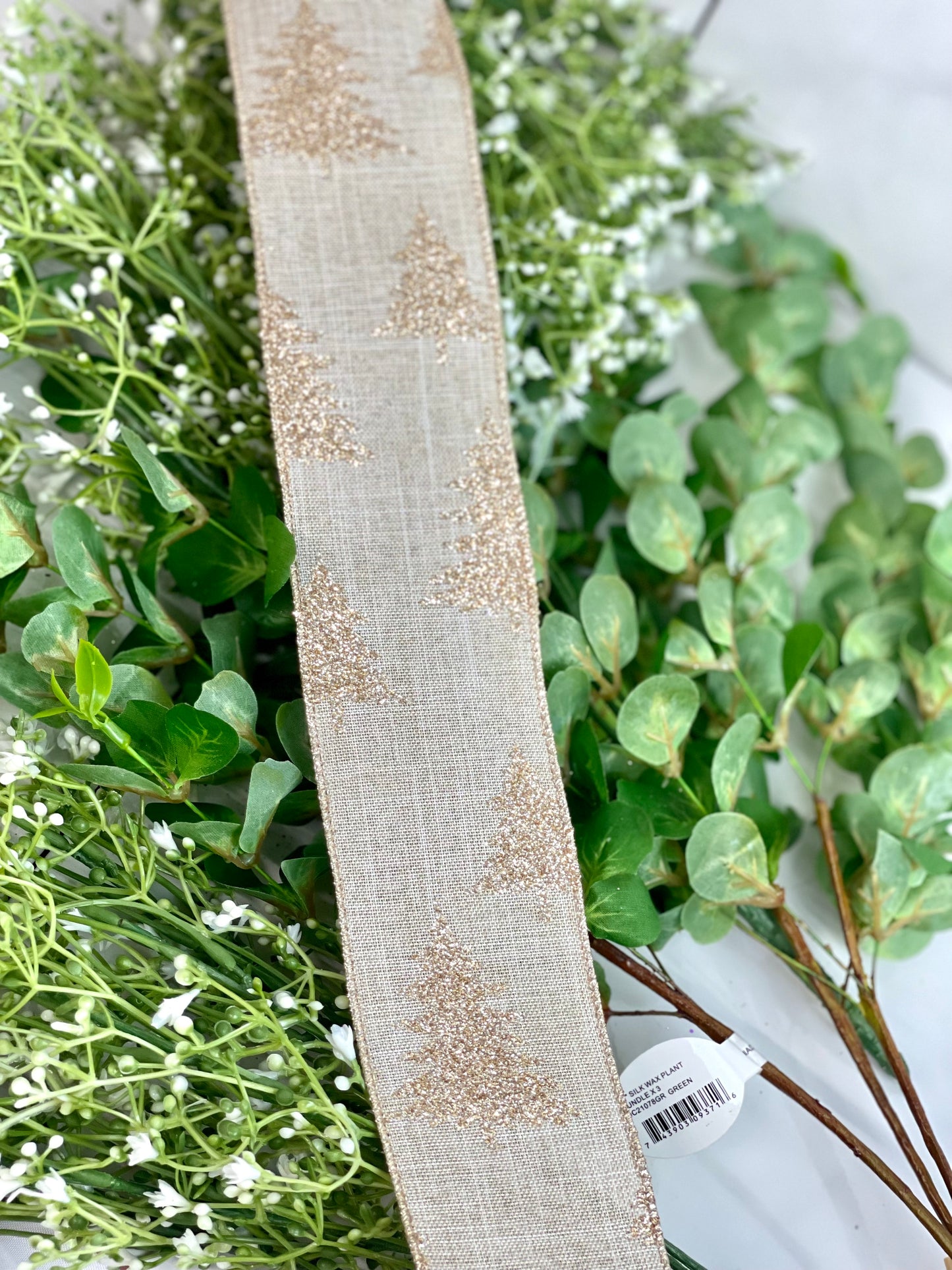 Natural Wired Ribbon With Champagne Glittered Trees 2.5 Inch