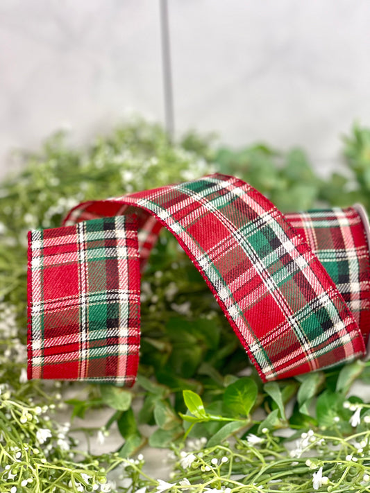Red And Green Plaid Christmas Ribbon With Gold Glitter Accent