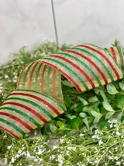 Red And Green Glitter Striped 4 Inch Mesh Ribbon