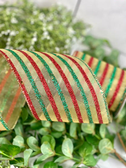 Red And Green Glitter Striped 4 Inch Mesh Ribbon