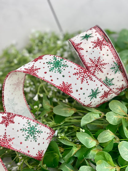 1.5 Inch X 10 Yard White With Red Green Snowflakes Ribbon