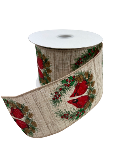 2.5 Inch Ribbon With Cardinals And Christmas Wreath
