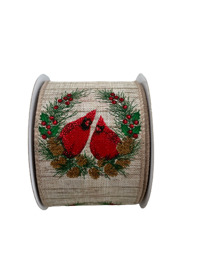 2.5 Inch Ribbon With Cardinals And Christmas Wreath