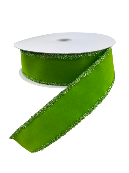 1.5 Inch By 10 Yard Lime Green Velvet Ribbon With Lime Tinsel Trim