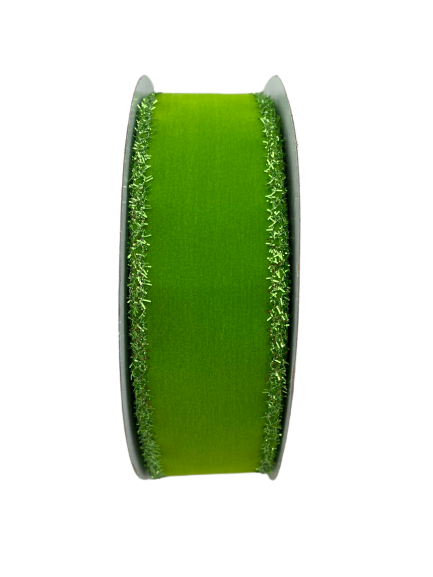 1.5 Inch By 10 Yard Lime Green Velvet Ribbon With Lime Tinsel Trim