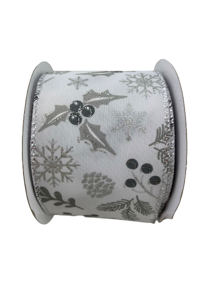 2.5 Inch Ribbon With White Background With Silver Glitter Leaves And Berries