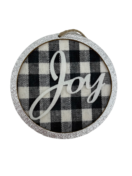 Joy Black and White Plaid Disc Ornament
