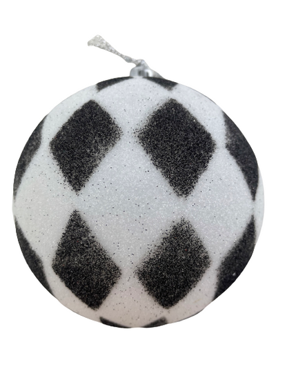 4 Inch Black White Harlequin Print Glitter Ball Ornament