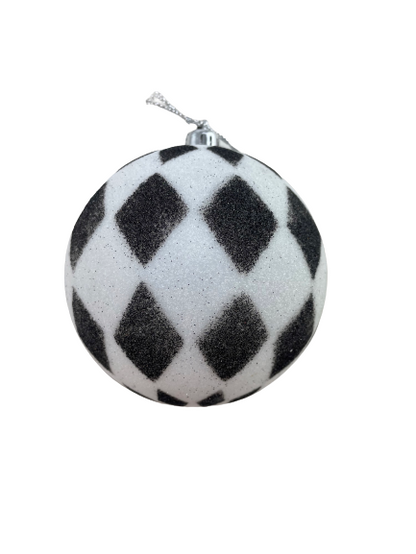 4 Inch Black White Harlequin Print Glitter Ball Ornament