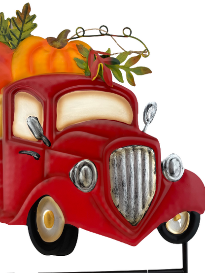 Metal Red Truck with Three Pumpkins Stake