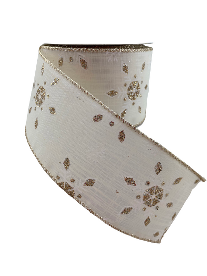 2.5 Inch Ribbon With White Background With White Snowflakes With Gold Glitter Accents